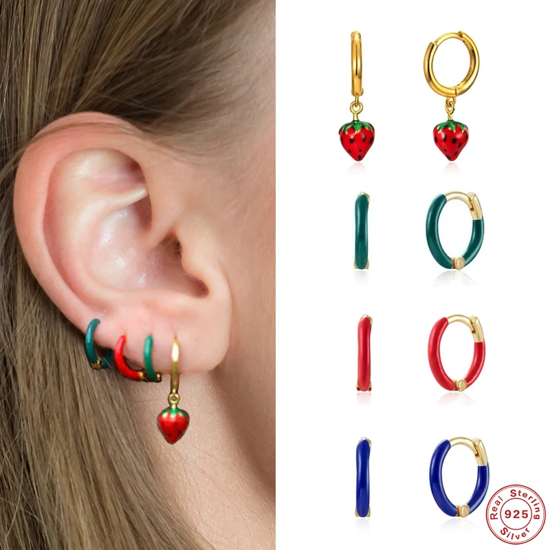 

CANNER 925 Sterling Silver Fruit Collection Cute Aretes Hoop Earrings For Women 2021 Zircon Enamel Charms boucle oreille femme