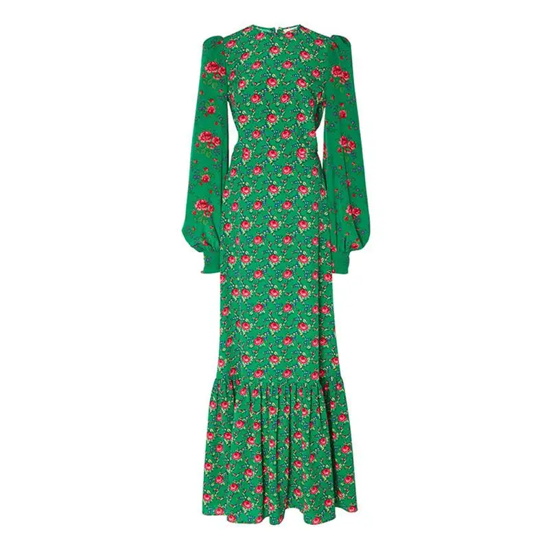 

Plus Size Bohemian Floral Printed Dresses For Women Green Long Sleeve Party Maxi Dresses Vintage Lantern Sleeve Vestidos