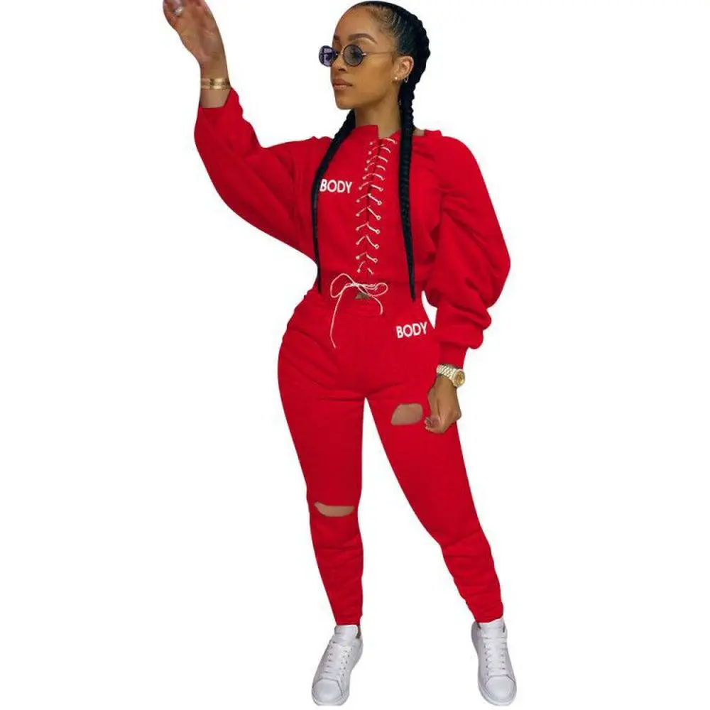 

Body Letter Print Two Piece Sets Women 2021 Autumn Active Workout Streetwear Lace Up Bandage Top and Hole Pant Matching Outfits