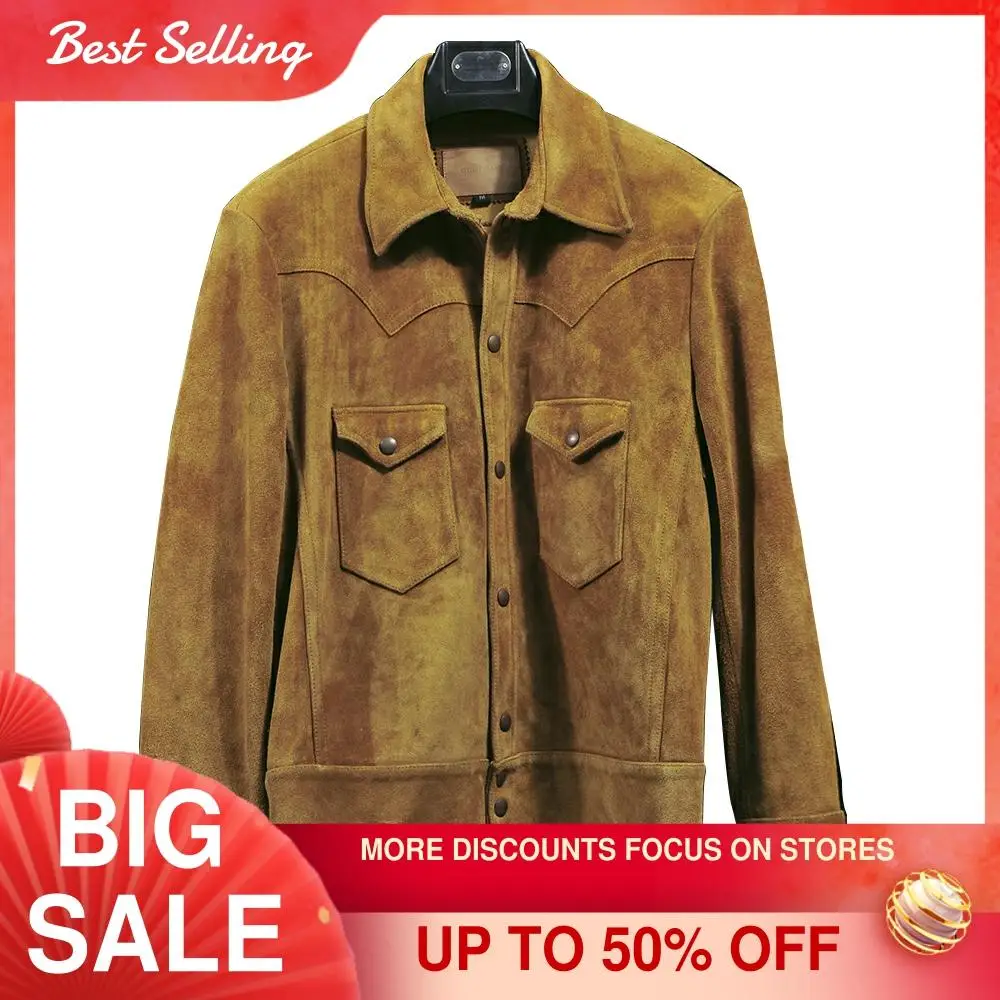 

2021 Light Brown Casual Style Genuine Leather Shirt Men Single Breasted Real Natural Cow Suede Spring Slim Fit Short Coat