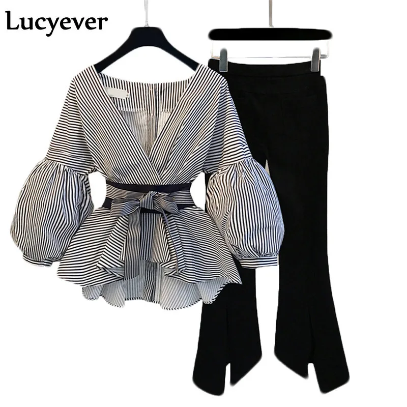 

JMPRS Sexy V-neck Women Two Piece Sets Fashion Spring Tunic Striped Shirts & Black Pants Ladies Outfits Korean Suit Plus Size