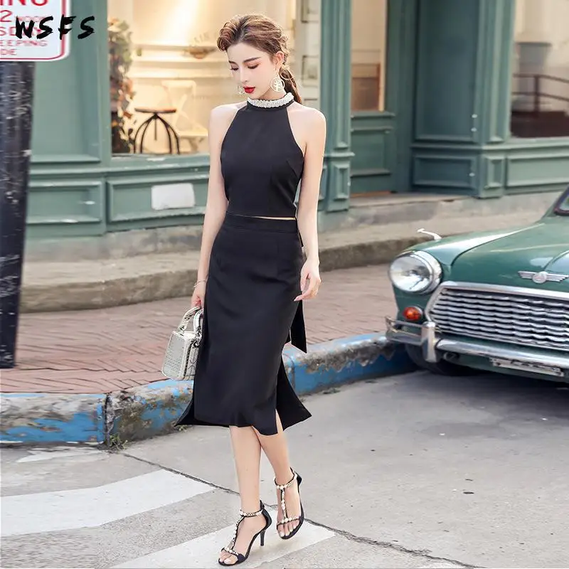 

Summer Dress 2 Pieces Set Halter Sleeveless Tops Bandage Asymmetrical Midi Skirt Bodycon Party Korean Clothes Sexy Women Dresses