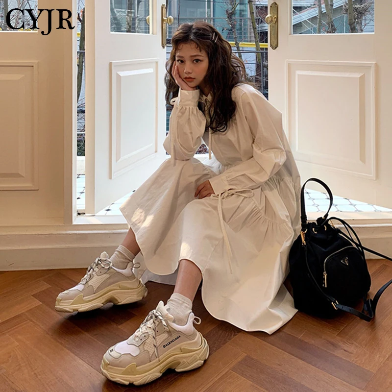 

Women Dress Long Sleeve Spring Autumn Vintage Designer Collar Lapel Button Up Ruched Ruffles Cotton White Dress Female Clothes