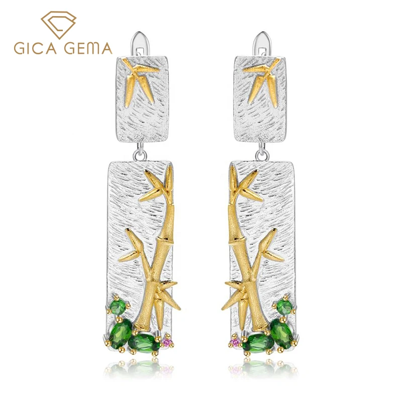 

GICA GEMA Vintage Natural Gemstone Women’s Earrings Real 925 Sterling Silver Diopside/Amethyst/Topaz Wedding Fine Jewelry