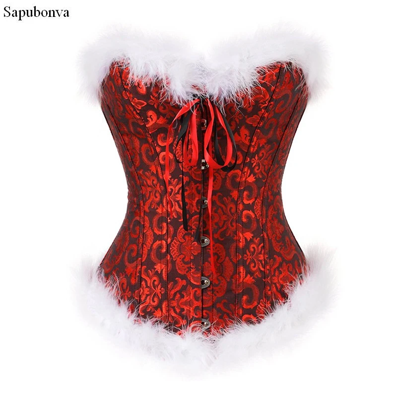 

Sapubonva Christmas Corsets Miss Santa Bustier Top Red and Black Corselet Overbust Corset Halloween Costume Cosplay Plus Size