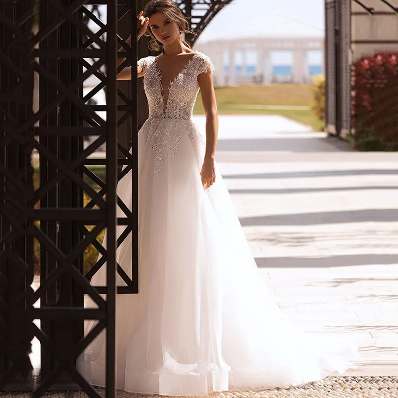

Luxury Glitter Vintage Wedding Dresses 2021 Cap Sleeve Lace Bead Robe de Mariage Boho Bride Dress Princess Country Wedding Gowns