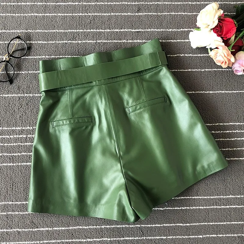 Sheepskin Short Autumn Women High Waist A-Line Real Leather Wide Legged Shorts Casual Fashion Designer Sashes Push Up Hotpants