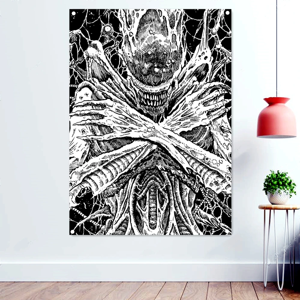 

Death Metal Artist Flags Tapestry Dark Art Poster Terrible Demon Banners Wall Painting Black/White Skull Wallpaper Home Decor B2