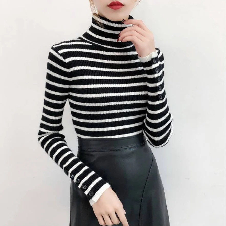 Водолазка джемпер женский 2021 осень зима Повседневный полосатый облегающий