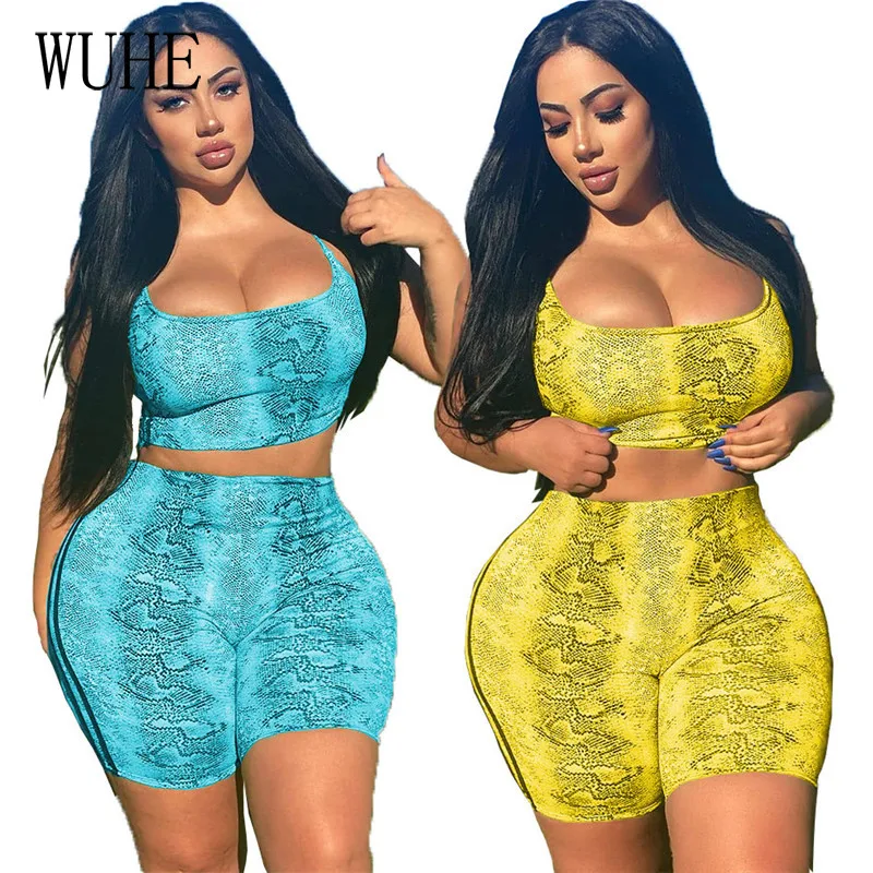 

WUHE уличная вечерние 2 комплекта змеиный принт квадратный воротник спагетти ремень без рукавов на бретельках Топ Короткие штаны Повседневна...