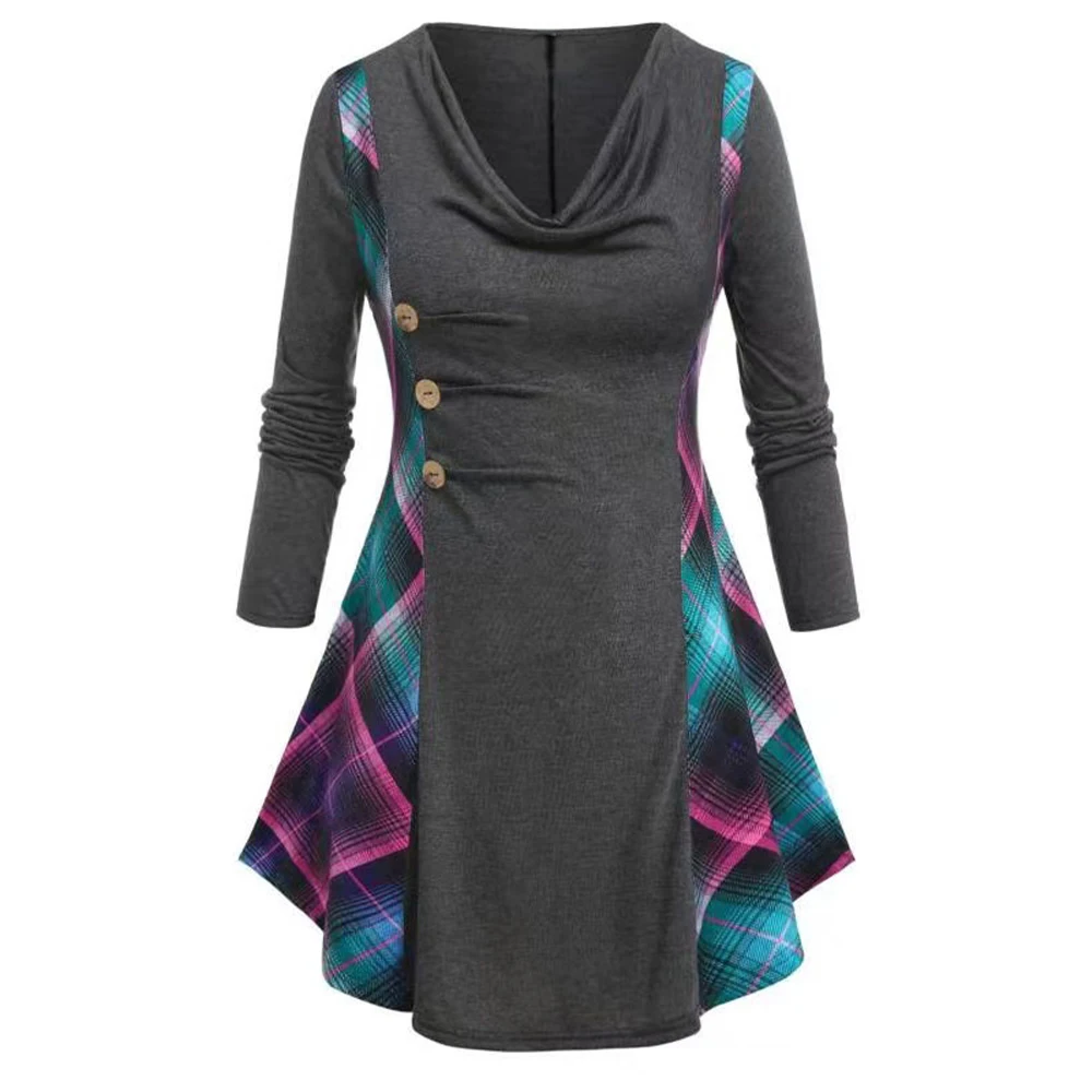 

Women Casual Autumn Long Sleeve T-Shirt Plaid Gradient Print Knit Pullover V-Neck Ladies Pleated Patchwork Slim Fit Female Tops