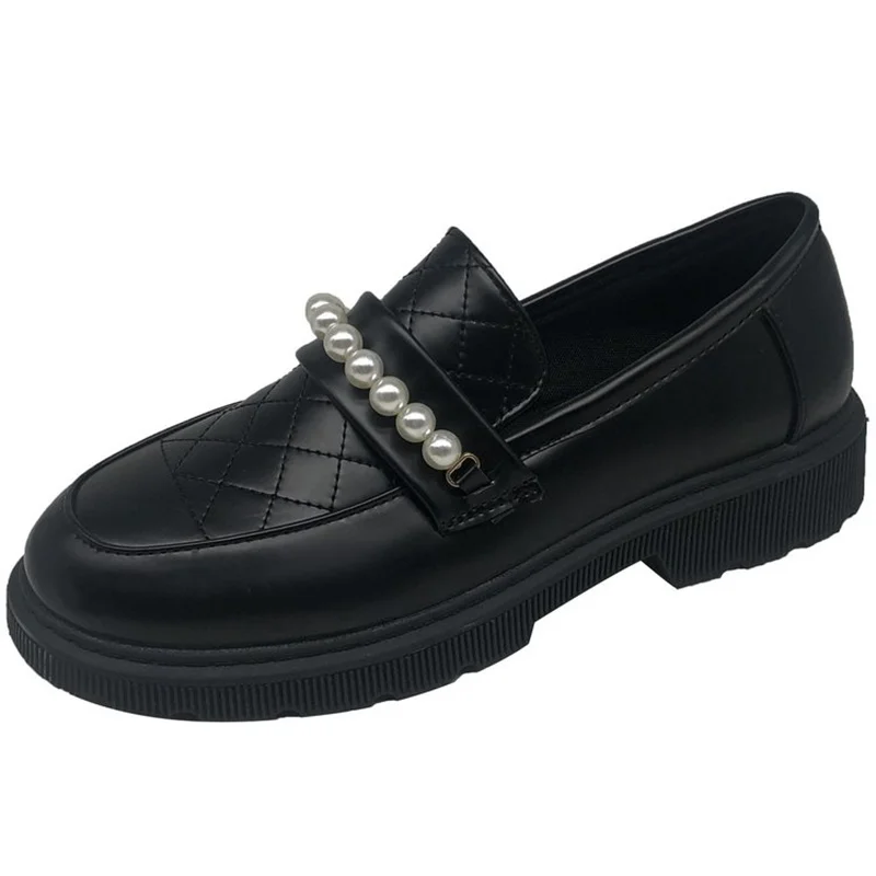 

Shallow Mouth Women Shoes Autumn Round Toe Loafers With Fur Pearl Decorateion Oxfords British Style Modis Casual Female Sneakers