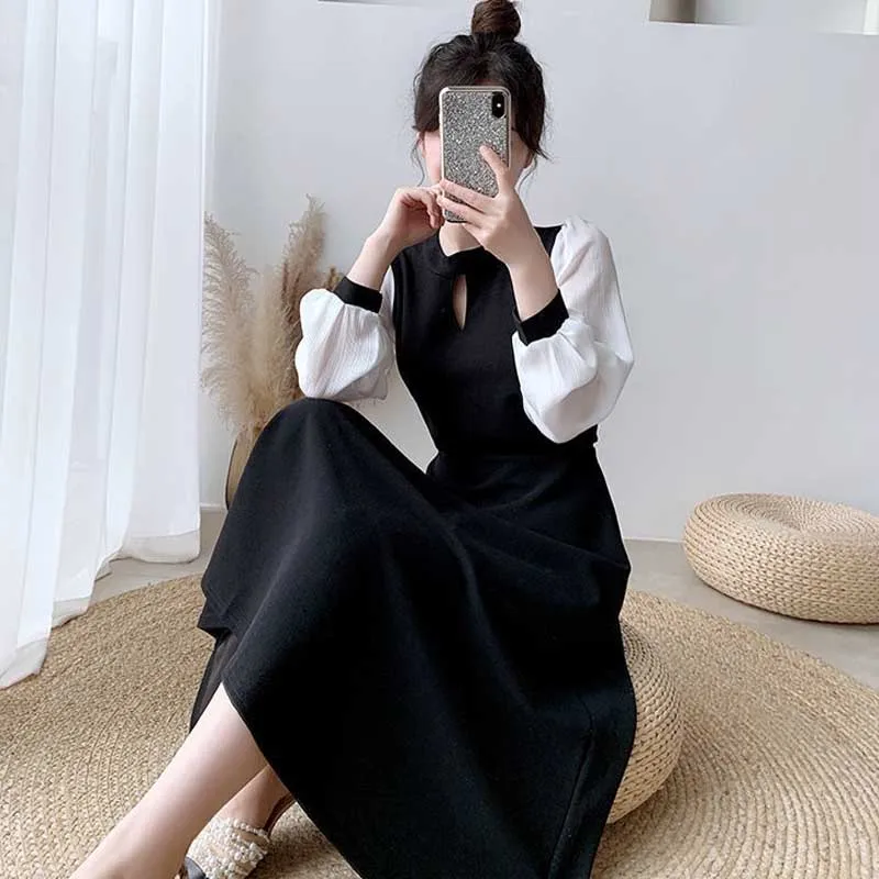

French Black Long Sleeve Dresses Spring Autumn 2021 Fashion Women Office Dress One-Piece Korean Lady Dress Midi Dress Vestidos