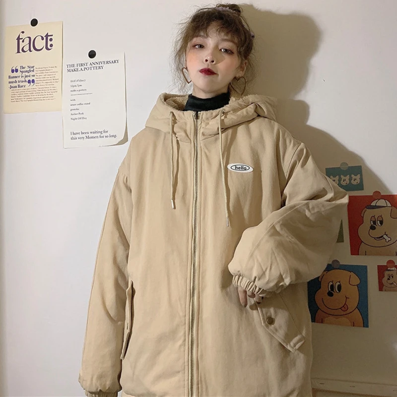

Двойной Двусторонняя куртка для женщин свободные с длинным рукавом, с застежкой-молнией и теплым капюшоном зимняя куртка-парка в Корейском ...
