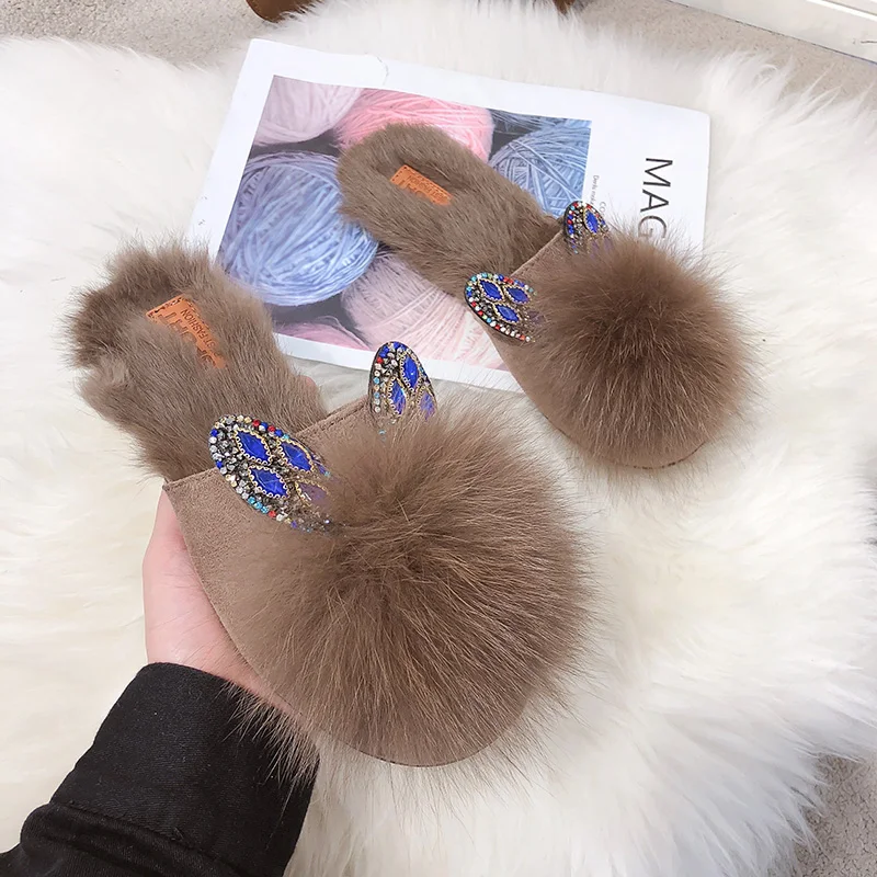 Лидер продаж меховые тапочки женские шлепанцы из лисьего меха Домашние сандалии