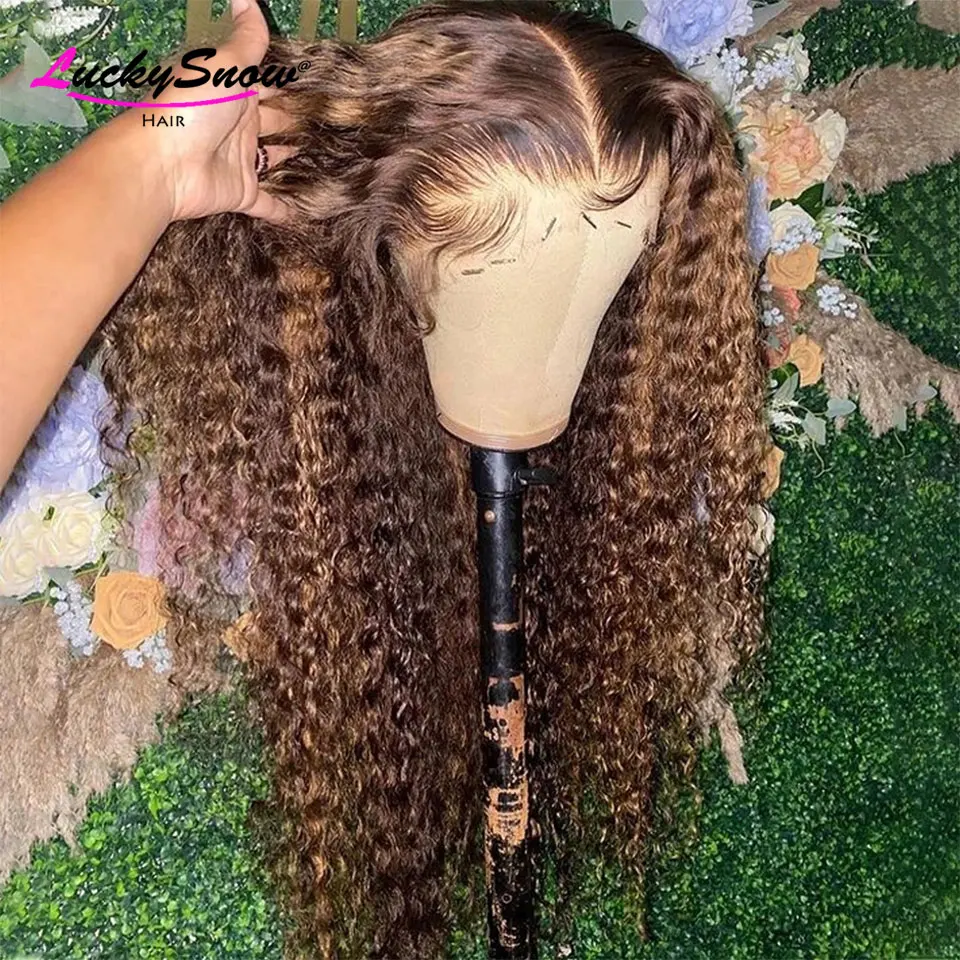 

250% Deep Curly Lace Front Human Hair Wigs For Women Brazilian Remy Highlight Honey Blonde Brown Short Curly Lace Front Wig