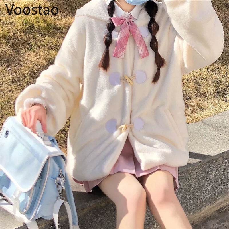 

Autumn Winter Japanese Cute Bunny Ears Lolita Coats Girls Kawaii Rabbit Hooded Loose Plush Jackets Women Sweet Warm JK Outerwear