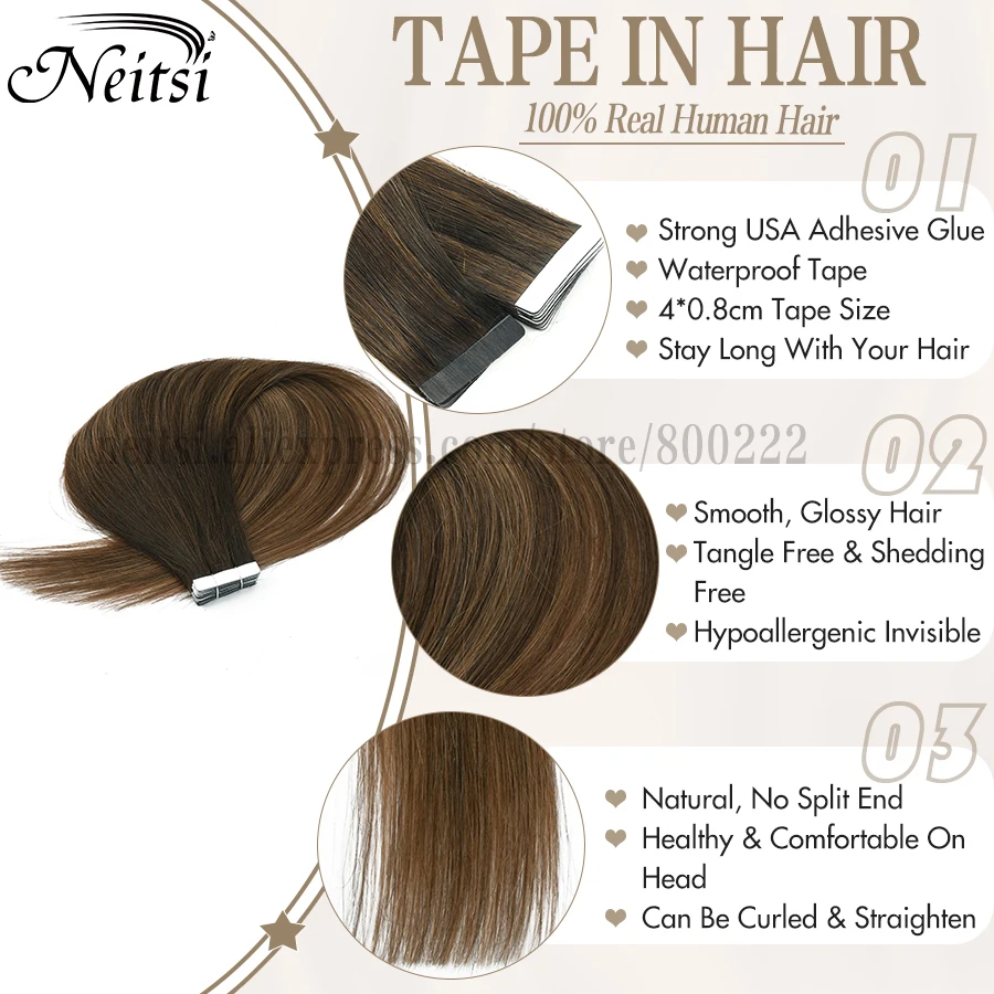 Neitsi Ombre Balayage лента для наращивания человеческих волос Remy бесшовные клейкие
