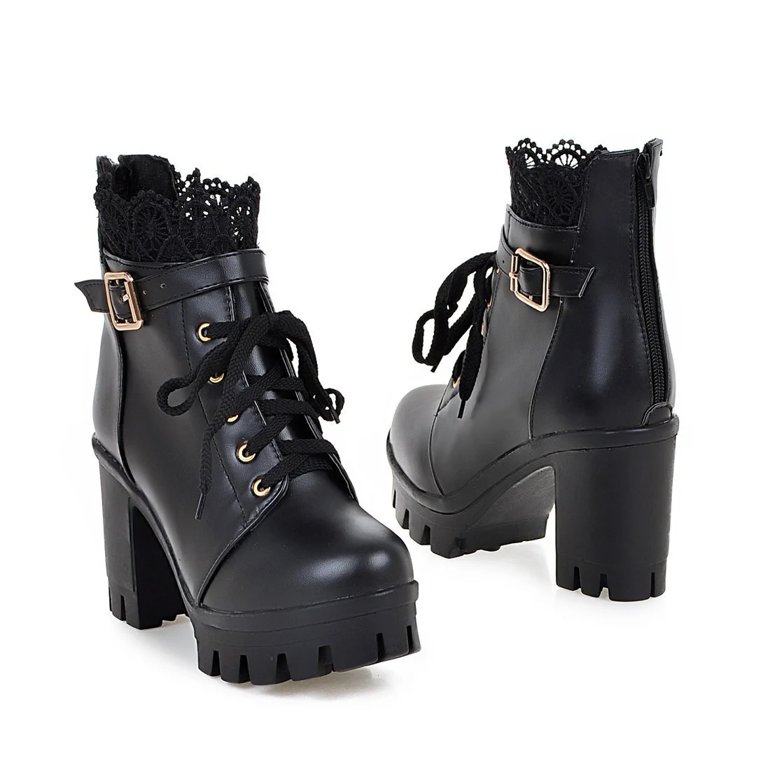 

Autumn And Winter Women Short Ankle Boots High-heeled Thick With Lace-up Martin Female Boats British Short Leather Boot