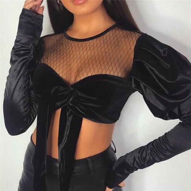 

Женская Повседневная модная футболка с длинным рукавом, топы, бандажные сексуальные сетчатые Лоскутные укороченные топы, облегающие стиль...