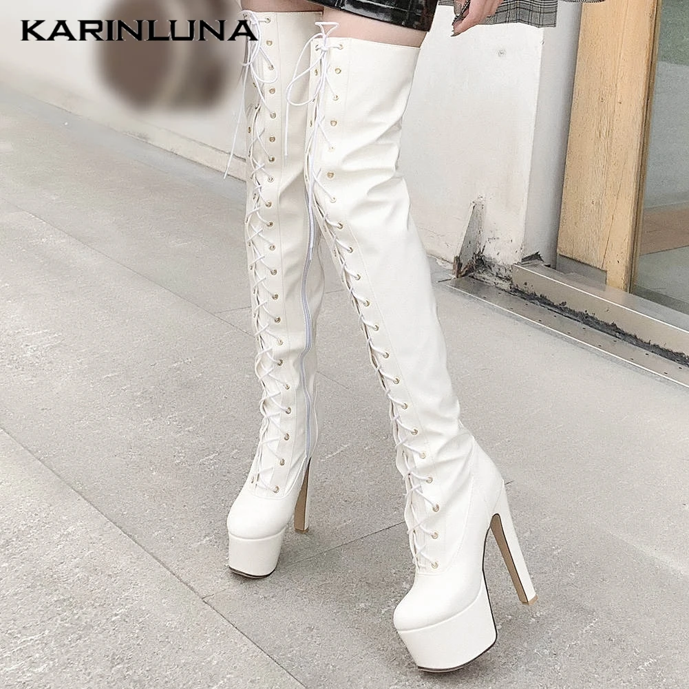 

Karinluna New Large Size 44 In Stock Sexy Fetish High Heels Platform Party Woman Shoes Thigh High Boots