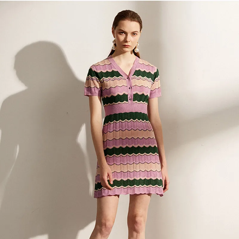 Женское платье-свитер тонкое трикотажное платье в полоску с цветными волнами 2020 |