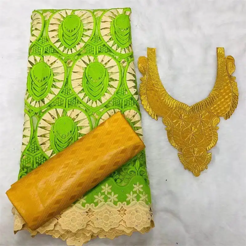

2.5+2.5Yards African Stones Lace Fabric French Net Lace Material Yellow Color Bazin Riche Fabric For Women Party Wedding!XM8925