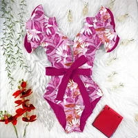 2021 new sexy ruffle print floral one piece strappy slimming swimwear women swimsuit deep v bathing suit beach wear monkini
