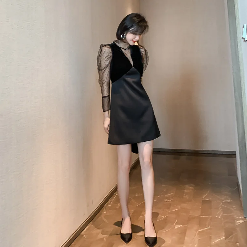 Женское вечернее платье Весна 2020 с воротником-стойкой прозрачные сетчатые