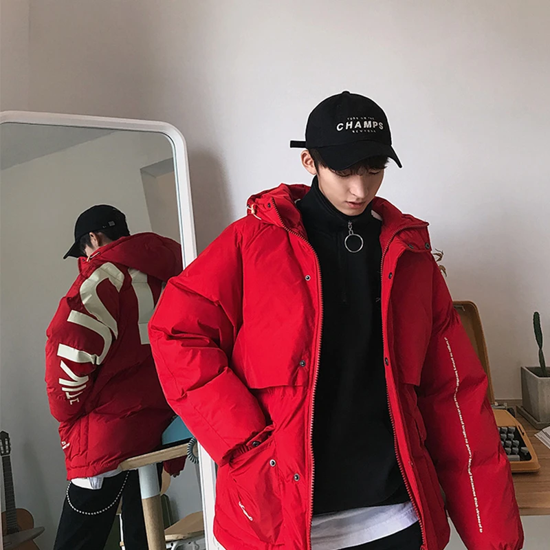 

Privathinker 2021 Thick Warm Men Winter Jacket Parka Casual Loose Harajuku Mens Oversized Parkas Coats Hooded Print Red Clothes