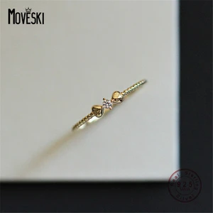 MOVESKI 925 Sterling Silver Light Luxury Fashion Bow Zircon Ring Women Wedding Birthday Party Jewelry