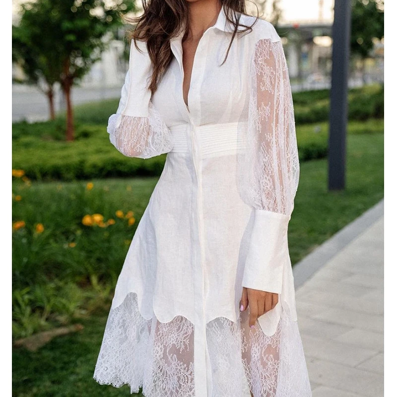 

White Dress Women High Waist Loose Shirts Dress Lace Stitching See Through Dress Sexy Slim Fit Dress
