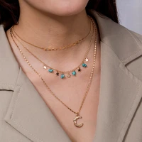lovmi goth gold plated long multi layered chain necklace women moon pendant ornaments turquoise stone clavicle chain jewellery