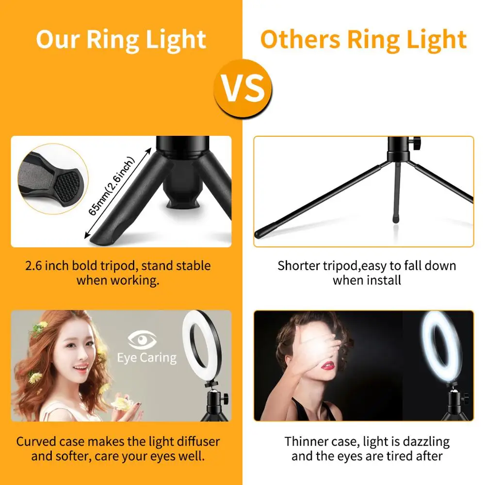 Mini 6inch Photography Lighting Phone table Ring Light Tripod Stand Photo Led Selfie remote Ring Light Lamp TikTok Youtube Live