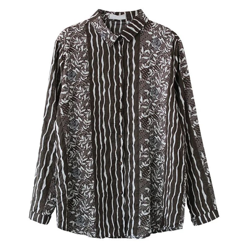 

Masss Wasss Chinese 2021 Fashion Style Womens Vintage Printed Shirts Ladies Casual Linen Blouses Female Striped Tops Big Size