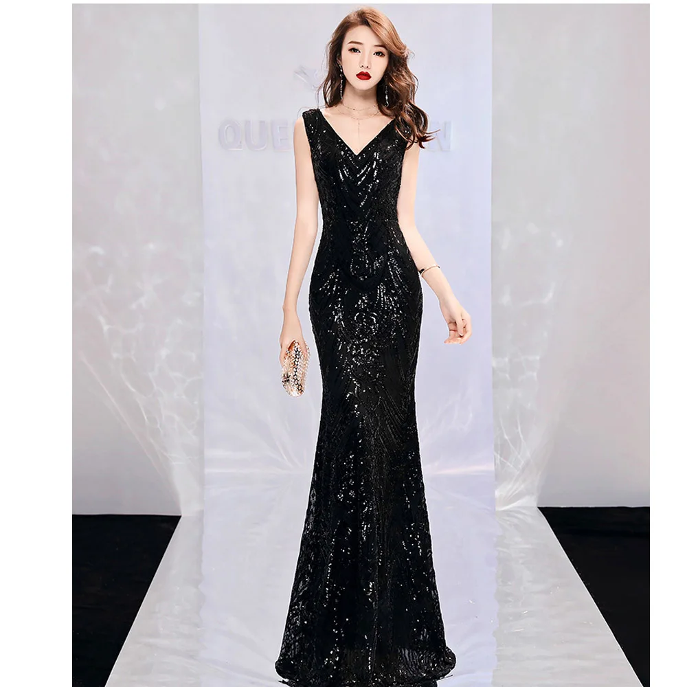 Блестящее расшитое блестками сексуальное длинное вечернее платье с v образным