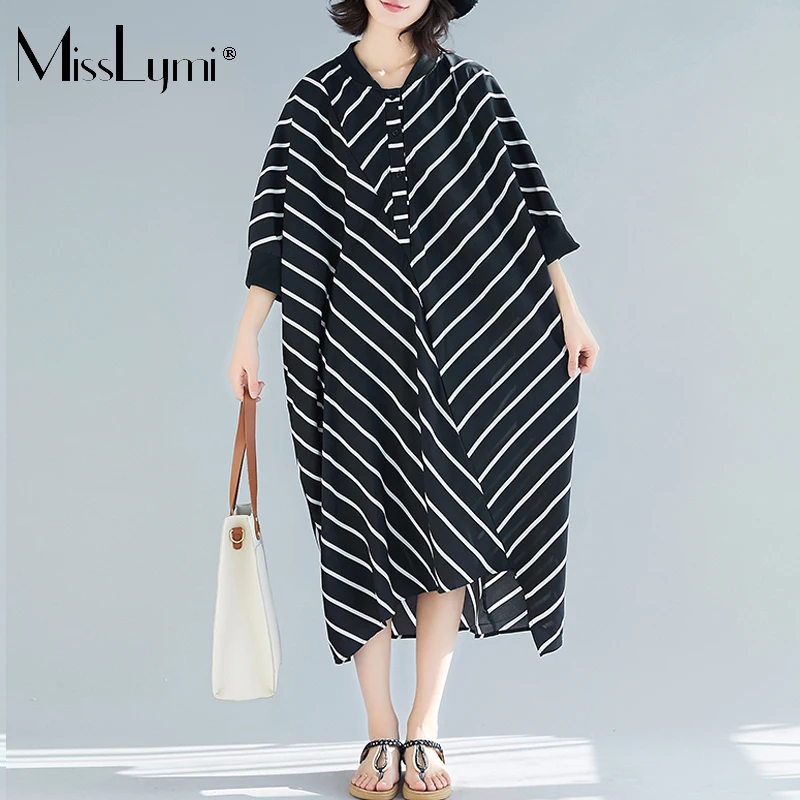 

MissLymi Women Oversized Loose Striped Shirt Dress Autumn 2021 Casual Single Breasted Batwing Sleeve Punk Irregular Midi Dresses