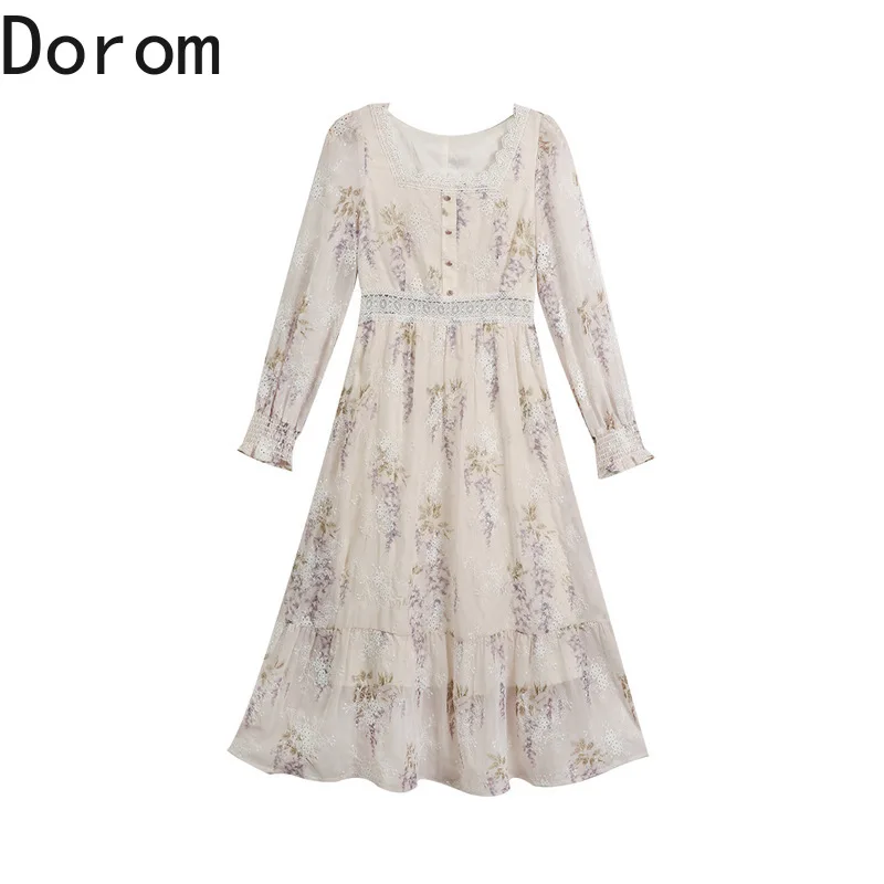 

Lantern Sleeve Midi Elegant Vintage Dress Korean Fashion Floral Print Lace One Piece Dress Sweet Evening Party Princess Dress