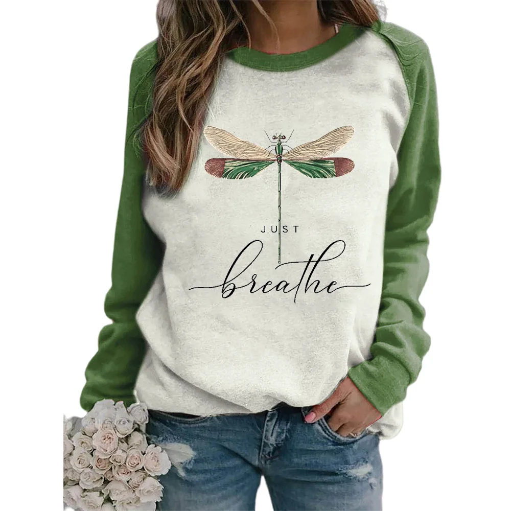 

Carney popular women's sweater Dragonfly printed round neck plug-in long sleeve sweater