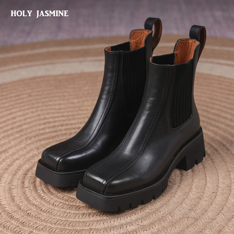

Classic Concise Women Ankle Boots 2021 New Arrival Genuine Leather Autumn Winter Thick Heels Casual Shoes Woman Platform Boots