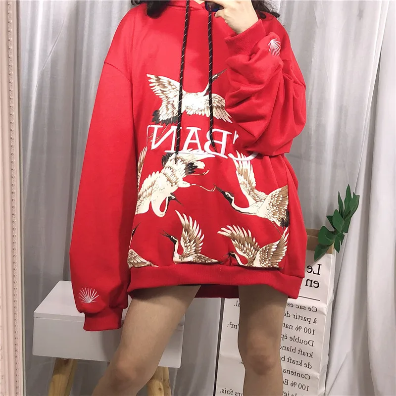 Японский бренд Tide толстовки с принтом Красного коронованного Журавля свободная