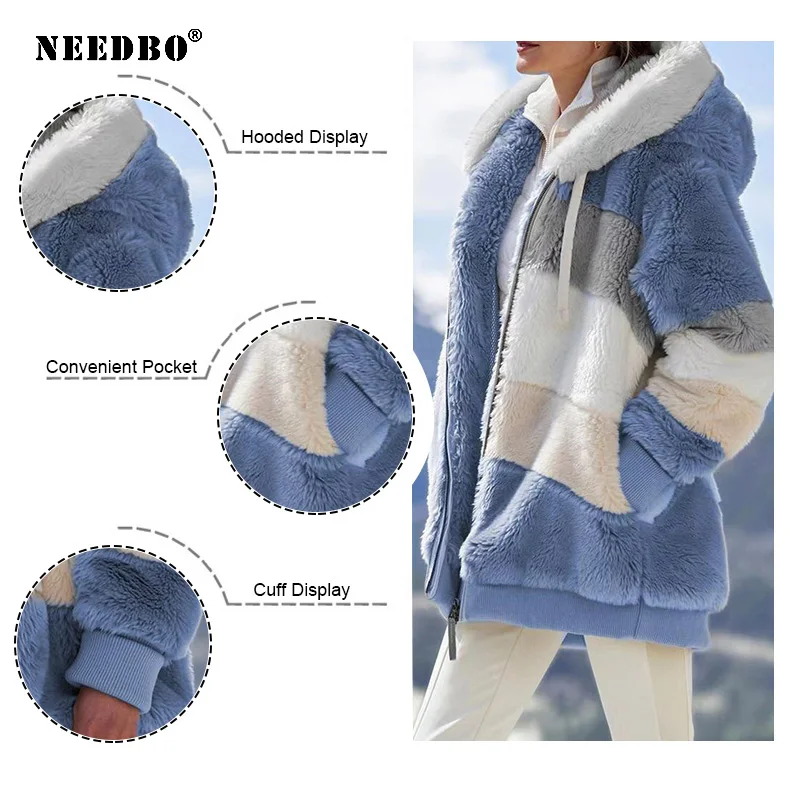 NEEDBO Hooded Jacket Women Fashion Loose Plush Warm Winter Women Coat Casual Multicolor Splicing Zipper Long Sleeve Ladies Coats