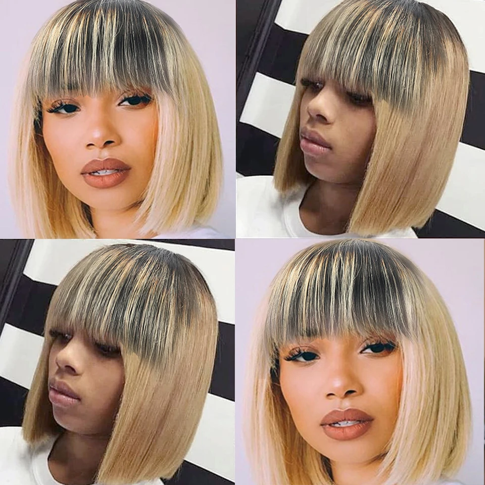 

Short Bob Human Hair Wigs For Black Women Brazilian Remy Honey Blonde Wigs With Bangs Human Hair Fringe Natural Hair Hairpiece