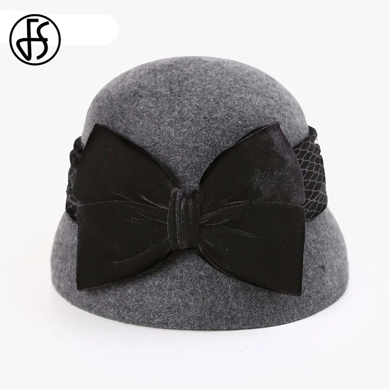 Grey Wool Fedora FS шерстяная фетровая черная шляпа с широкими полями, фетровые шляпы, женские элегантные флоппи-шляпки для церкви, зима-осень, большой бант, Кепка-котелок - Цвет: Grey Wool Fedora