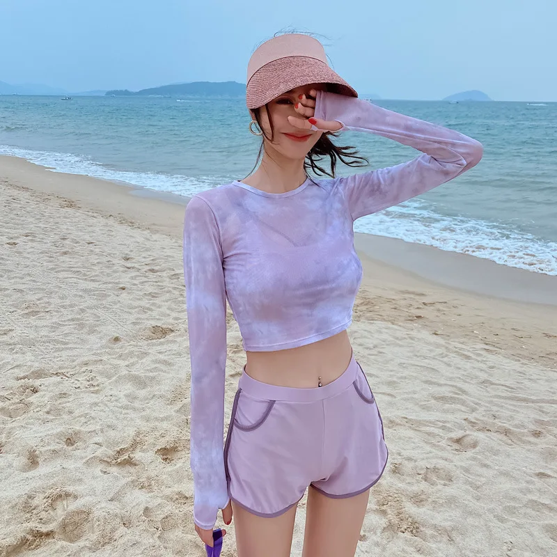 

Swimsuit Female Split Pink Long-Sleeved Conservative Sunscreen Leisure Surfing Boxer Student Vacation Swimwear