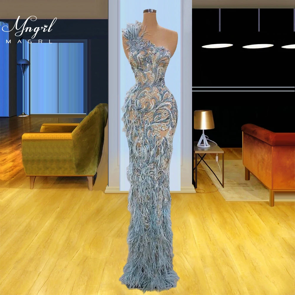 

MNGRL Luxury Evening Dress One-shoulder Long Sleeves Hand-applied Diamonds Glittering 2021 New Evening Dress Party Dress