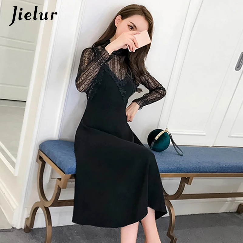 Женский костюм-двойка Jielur черный с кружевной блузкой и платьем в Корейском стиле