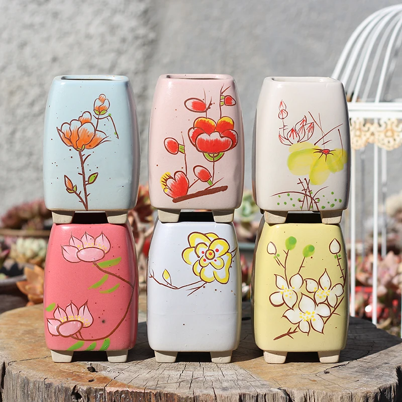 Простой разноцветный цветочный горшок с ручной росписью зеленая посадка