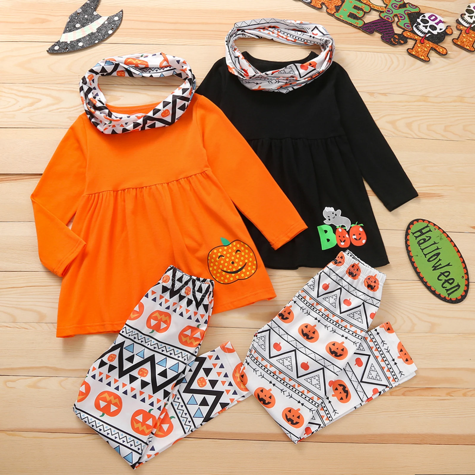 

OPPERIAYA 3Piece Kids Cotton Casual Set Pumpkin Print Round Neck Long Sleeve Tops Long Pants Scarf for Toddler 18 Months-6 Years