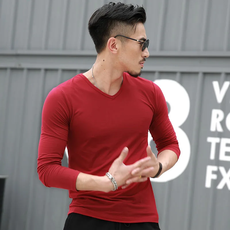 

Men's long sleeve solid color T-shirt V-neck T-shirt solid color men's long sleeve T-shirt spring and autumn casual bottom coat